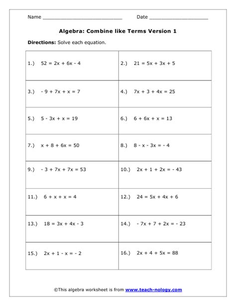 Free Printable Combining Like Terms Worksheets
