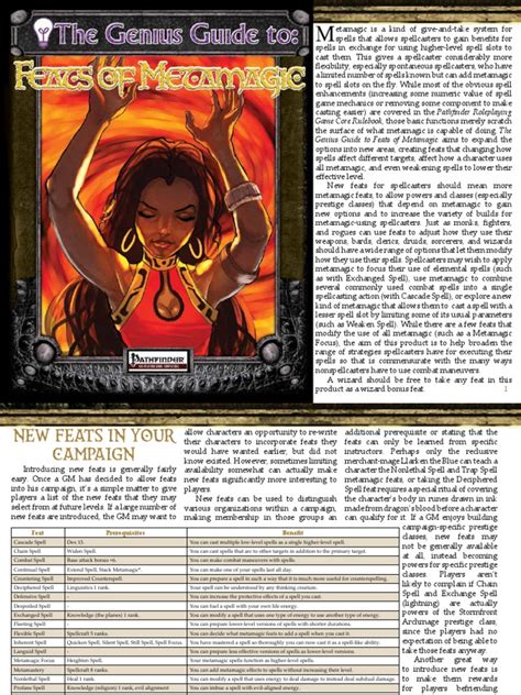 This guide provides new players pathfinder: Pathfinder RPG - Genius Guide - Feats - Metamagic.pdf | Derivative Work | D20 System