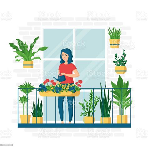 Young Happy Woman Is Watering Flowers On The Balcony Growing And Caring