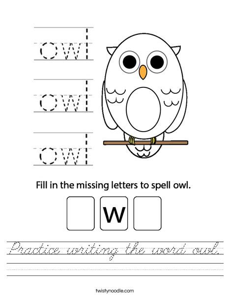 Practice Writing The Word Owl Worksheet Cursive Twisty Noodle