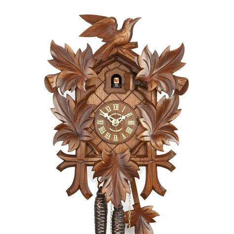 Carved 1 Day Cuckoo Clock Hand Carved Bird And Five Maple Leaves 24cm