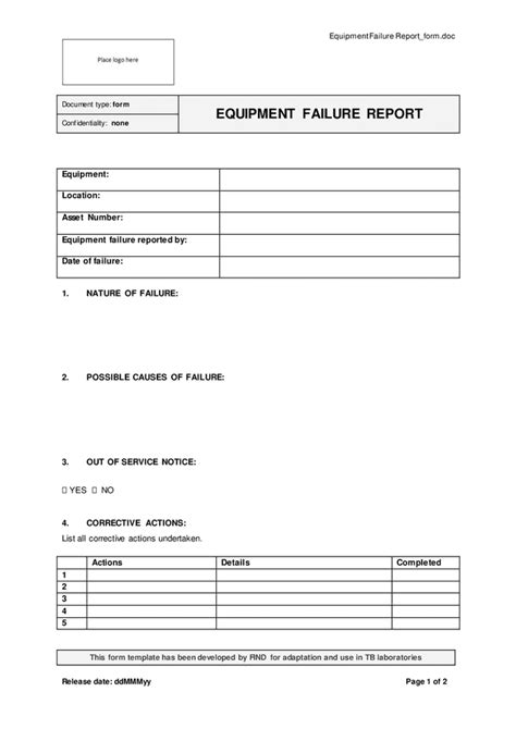 Equipment Failure Report Form In Word And Pdf Formats