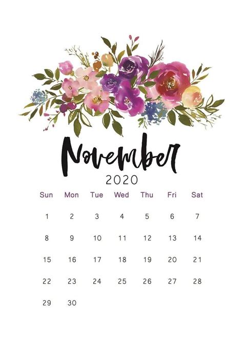 November 2020 Floral Calendar November Calendar Print Calendar