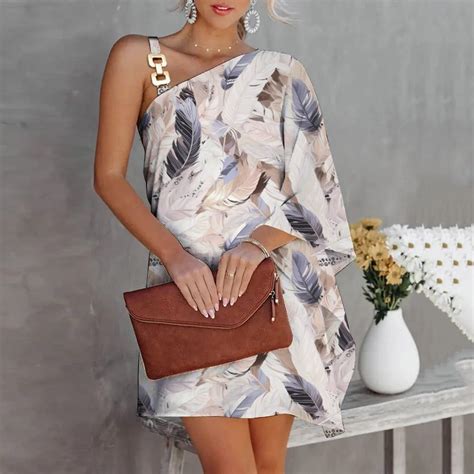 Ediodpoh Summer Dress For Women One Shoulder Half Bat Sleeve Print Casual Dresses Loose Metal