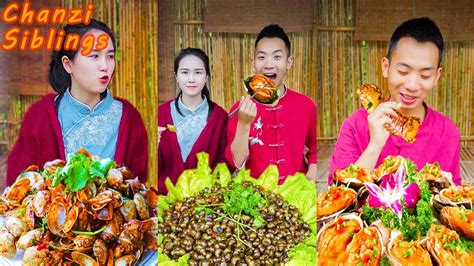 village food outdoor cooking spicy seafood collection tiktok mukbang chinese girl eating