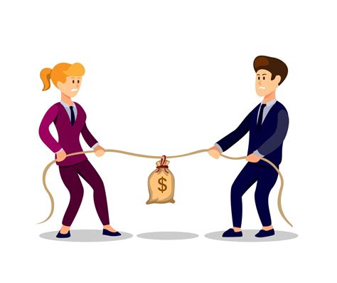 Business Man And Woman Pulling Rope Or Tug Of War To Get Money In Bag