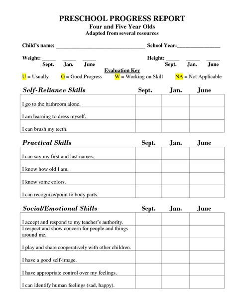 Preschool Progress Report Template Childcare Preschool Within