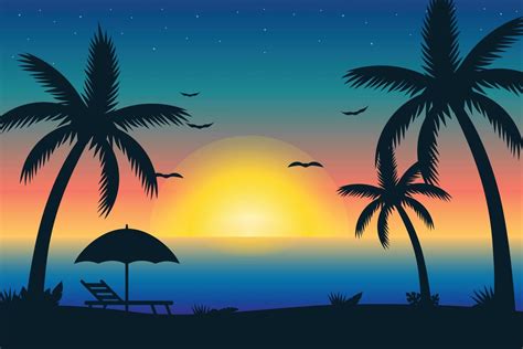 colorido atardecer en la isla tropical hermosa playa oceánica con ilustración de palmeras