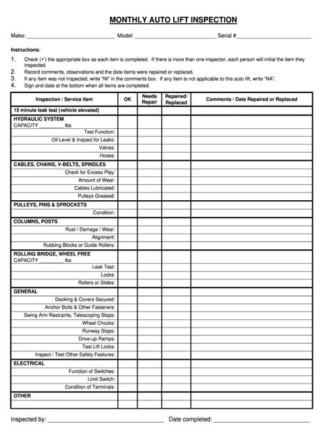 Printable Aerial Lift Inspection Form Pdf Printable Forms Free Online