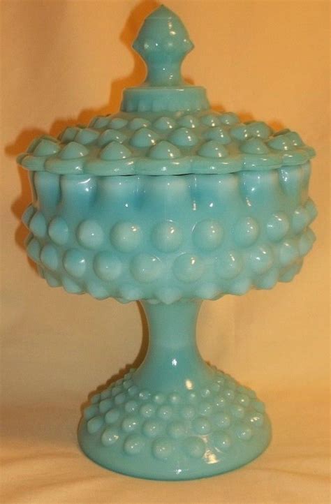 Vtg Fenton Turquoise Blue Milk Glass Hobnail Pedestal Candy Compote