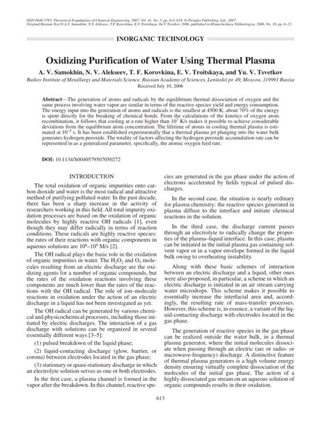 Pdf Oxidizing Purification Of Water Using Thermal Plasma