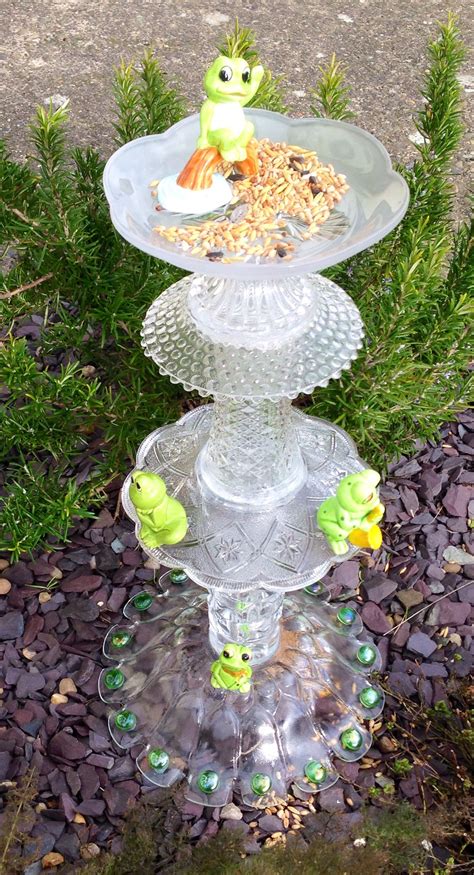 Upcycled Glass And Frog Garden Totem Bird Feeder All Fixed Together