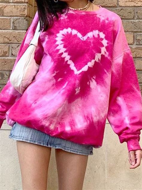 2021 Tie Dye Heart Print Sweatshirt Pink S In Hoodies And Sweatshirts