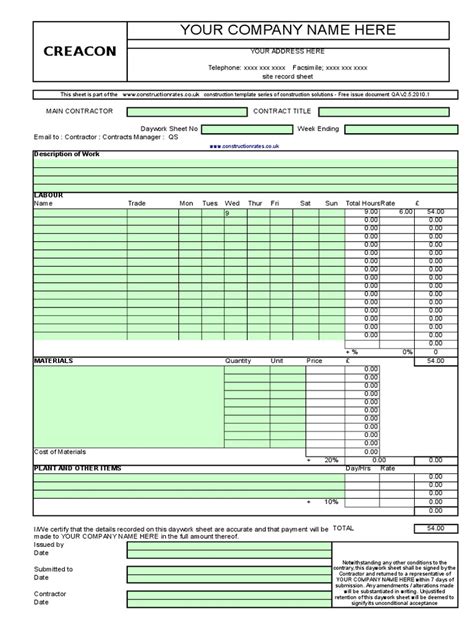 Daywork Sheet Template Pdf Government Business