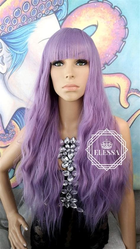 Long Wavy Beach Light Purple Wig With Bangs Cosplay Kawaii Etsy Light