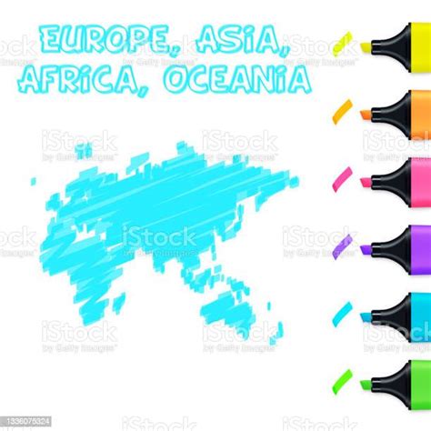 Europe Asia Africa Oceania Map Hand Drawn With Blue Highlighter On