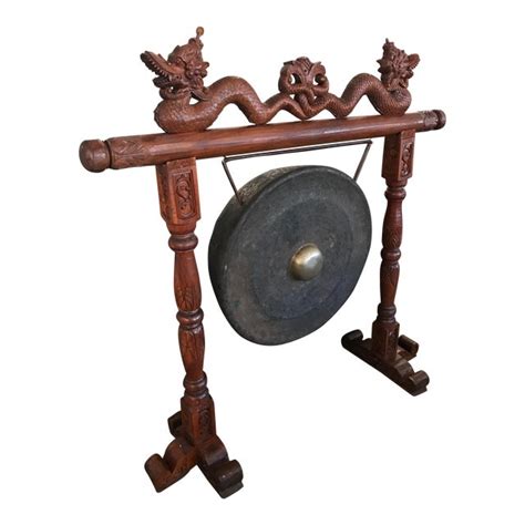 Solid Bronze Indonesian Gong On Teak Wood Carved Stand Chairish