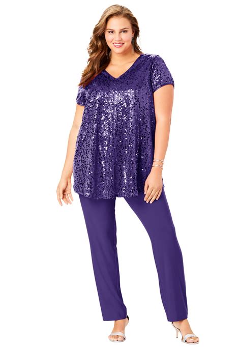 Roamans Roamans Womens Plus Size Sequin Tunic And Pant Set Made In Usa Formal Sparkly Chiffon