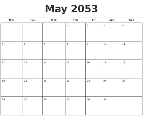 May 2053 Monthly Calendar Template