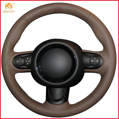 Mewant Dark Brown Genuine Leather Car Steering Wheel Cover For Mini