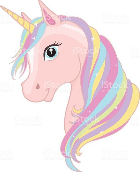 Pink Unicorn Head With Rainbow Mane And Horn Isolated On White