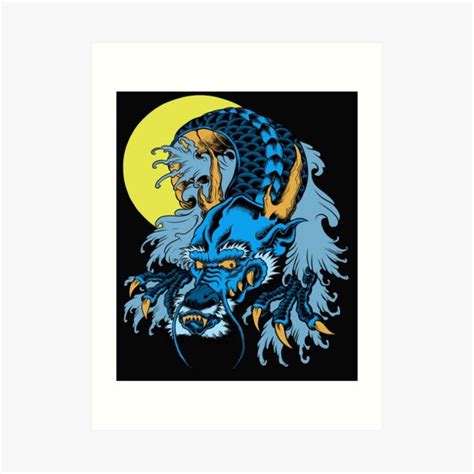 Full Moon Vintage Asian Blue Dragon Art Print By Garnetleslie Redbubble