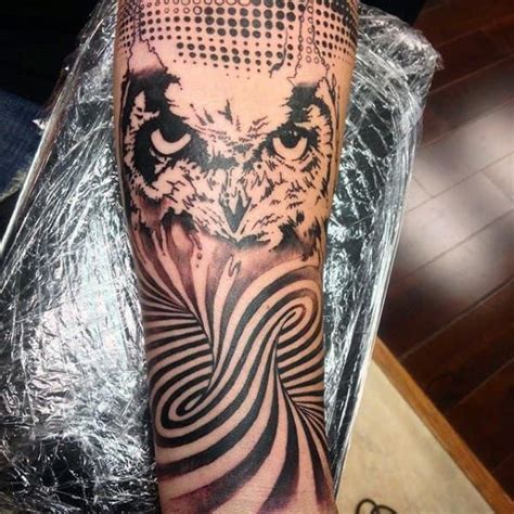 Mens Spiral Curved Optical Illusion Forearm Tattoo With Owl Mc Escher