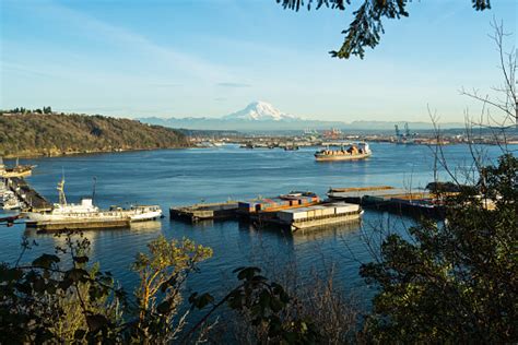 Port Of Tacoma With Mount Rainier In Background Stock Photo Download