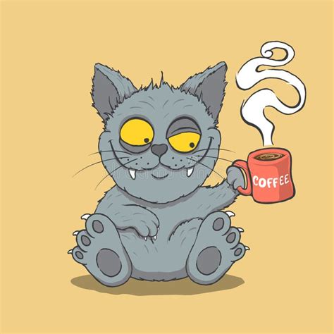 Sleepy Cat Drinks Coffee In The Morning Stock Vector Illustration Of