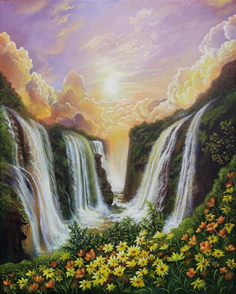 Among The Waterfalls Art Print Sunset Landscape Painting Waterfall