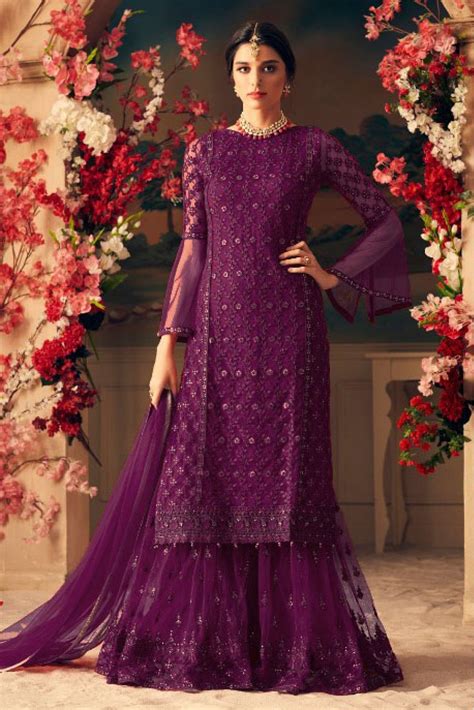 Georgette Embroidered Sharara In Purple Colour In 2020 Pakistani Dresses Georgette Fabric