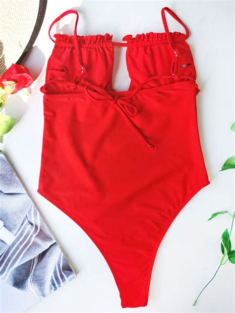 Red Monokini Swimsuits For Women Lace Up Straps Neck Irregular Raised Waist Summer Sexy Swimwear
