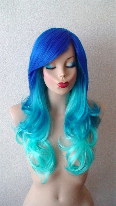 Blue Ombre Wig 26 Curly Hair Side Bangs Wig Heat Etsy Ombre Wigs