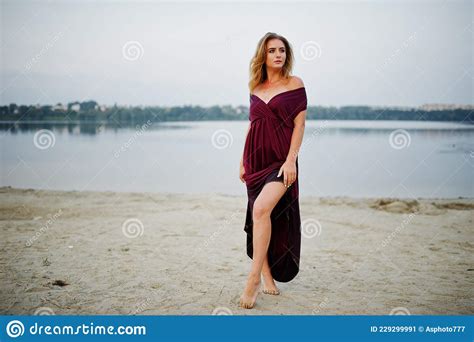 Blonde Sensual Woman In Red Marsala Dress Stock Image Image Of Skin