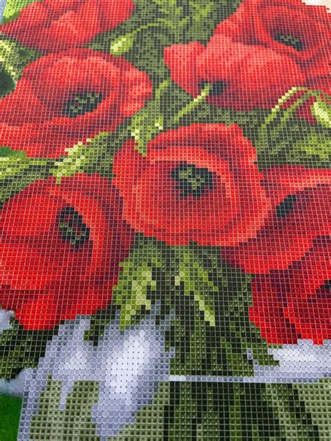 Large Beaded Cross Stitch Picture Kit Red Poppies Floral Etsy