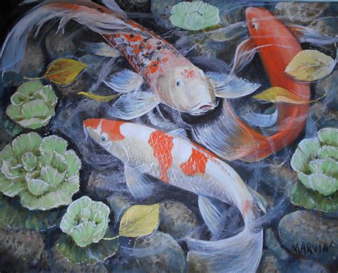 Koi Pond Ii Original Oil Painting Stretched Canvas X Top Etsy