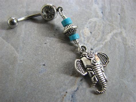 Long Tribal Elephant Belly Button Piercing With Turquoise Bits Off