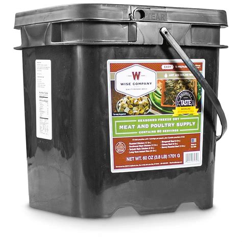 85% of protein from raw animal ingredients mixed with organic fruits and vegetables. Wise Foods Freeze Dried Meat & Poultry Bucket, 60 Servings ...