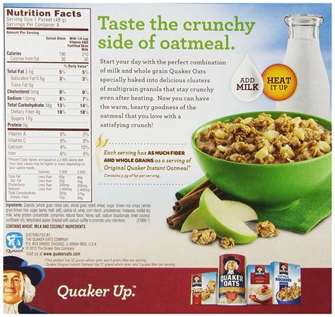 Quaker oats' oatmeal division 1. quaker apple and cinnamon oatmeal nutrition facts