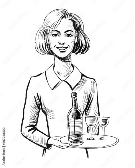 Ink Black And White Drawing Of A Pretty Waitress Stock Illustration Adobe Stock