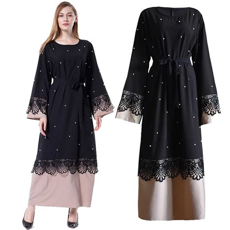 Black Abaya Lace Pearls Islam Muslim Long Dress Jilbab Caftan Qatar
