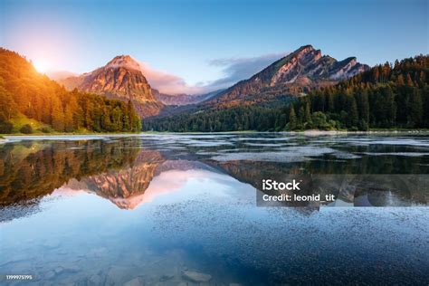 Great View Of The Azure Pond Obersee Glowing By Sunlight Location