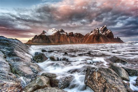 Cascading Photo Of Sea Waves With Brown Mountain Background Iceland Hd