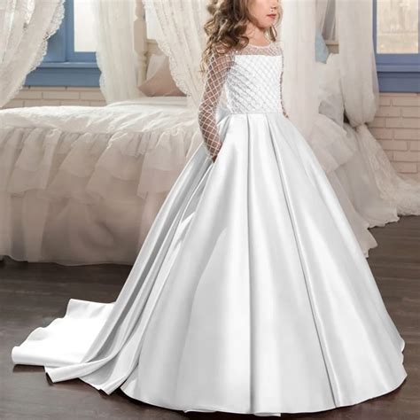 Elegant Girls Dress White Trailing Long Dress For Baby Kids Girls