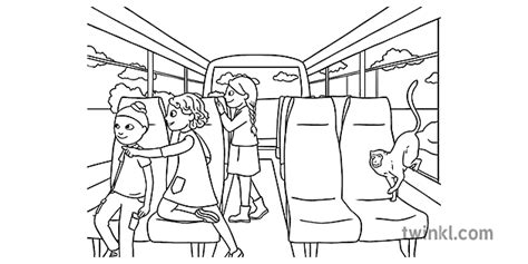 ลิงรับบนรถบัสโรงเรียนเดินทางเรื่อง Ks1 Sen Black And White Rgb Illustration