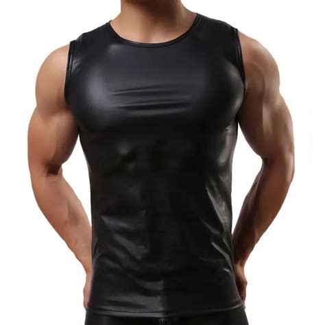 Tank Top Men Fashion 2018 Sexy Faux Leather Solid Black Men Tank Top