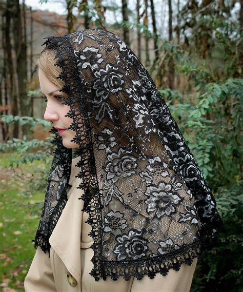 Evintage Veils~lovely Black And Silver Lace Mantilla Chapel Veil Classic