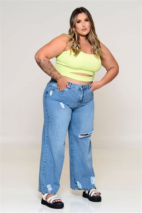 Calça Wide Leg Plus Size Jeans Vk Moda Plus Size