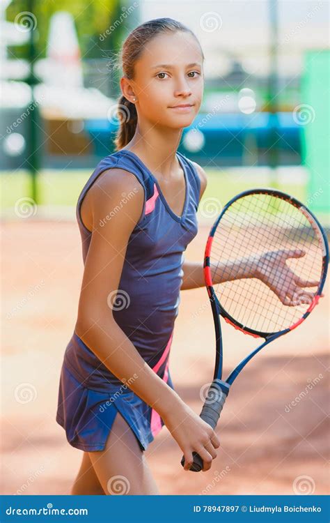 Cute Girl Playing Tennis And Posing In Court Indoor Stock Image Image