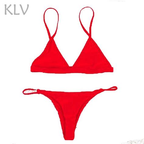 Klv Solid Swimwear For Women Red Sexy Bikini Set Swimwear Push Up